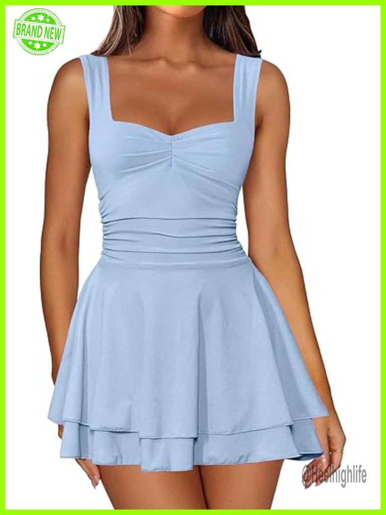Women's Square Neck Sleeveless Mini Dress Ruched Waist Tiered Ruffle Hem